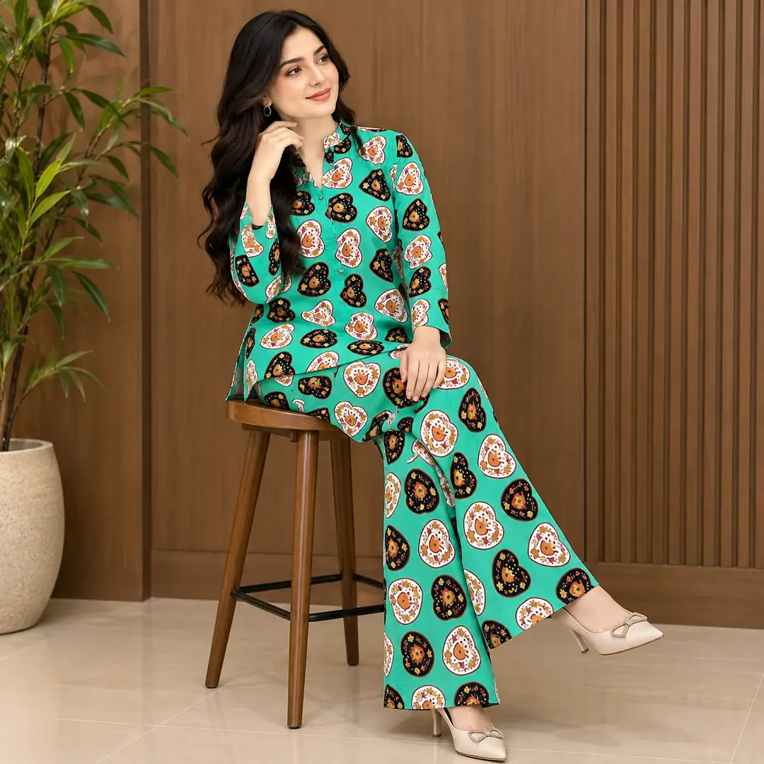 2 Pcs Women's Stitched Linen Printed Co-Ord Set