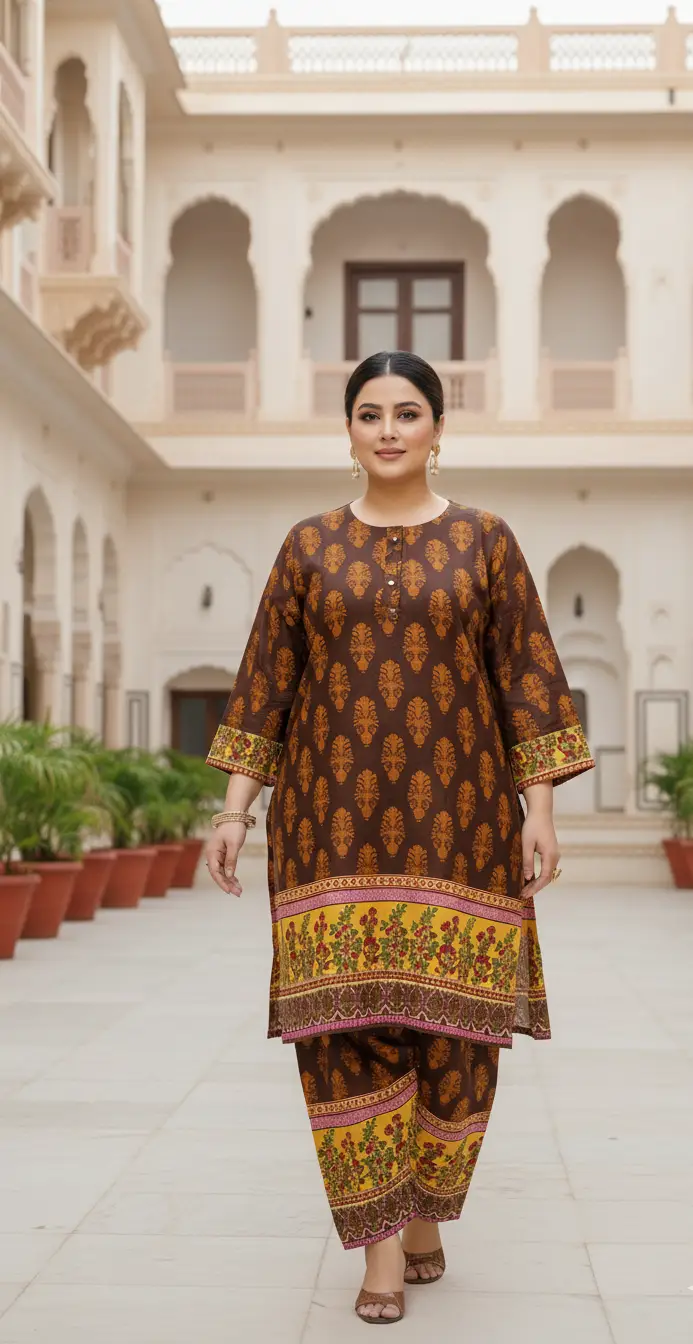 2 Pcs Women's Stitched Linen Printed Shirt And  SHALWAR