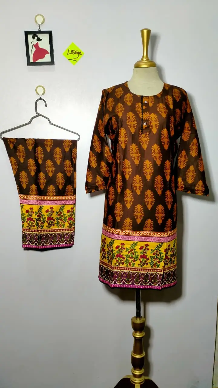 2 Pcs Women's Stitched Linen Printed Shirt And  SHALWAR