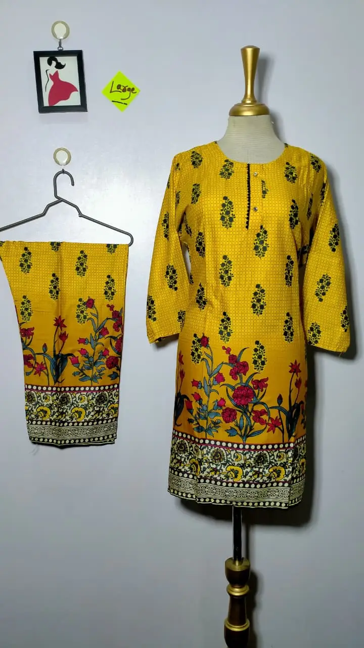 2 Pcs Women's Stitched Linen Printed Shirt And SHALWAR