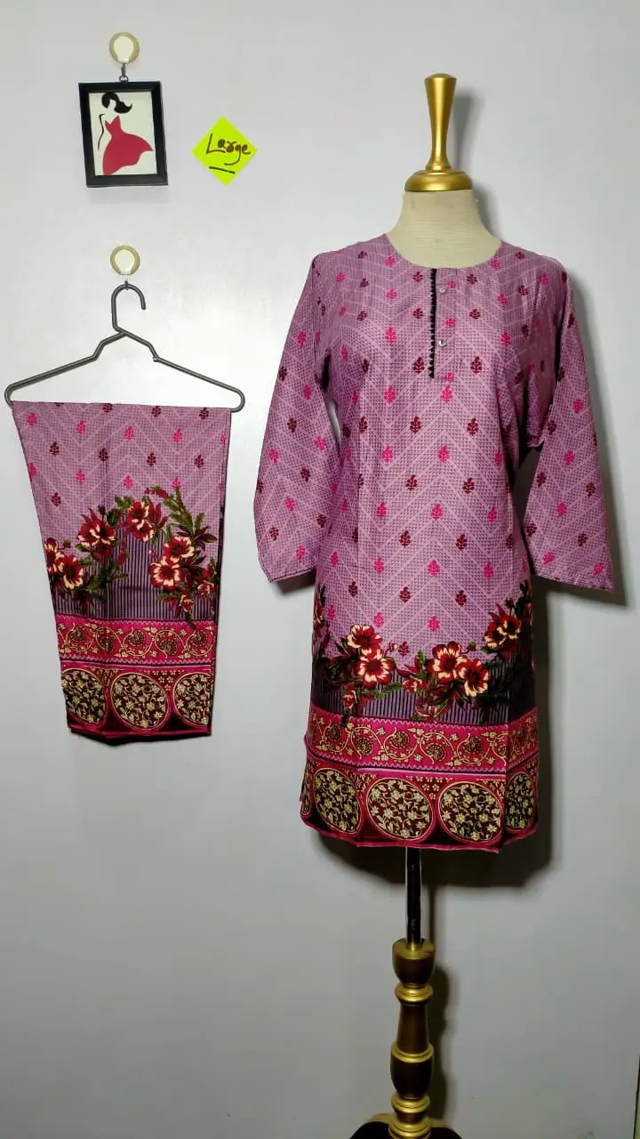 2 Pcs Women's Stitched Linen Printed Shirt And  SHALWAR