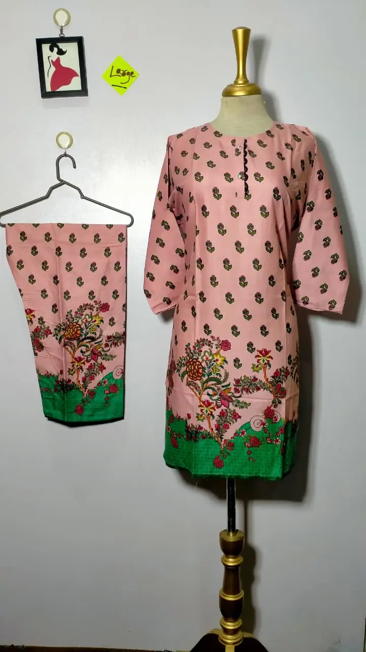 2 Pcs Women's Stitched Linen Printed Shirt And  SHALWAR