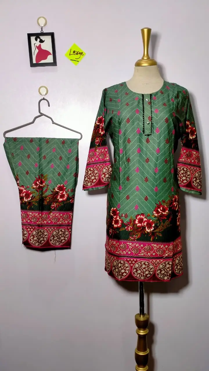 2 Pcs Women's Stitched Linen Printed Shirt And  SHALWAR