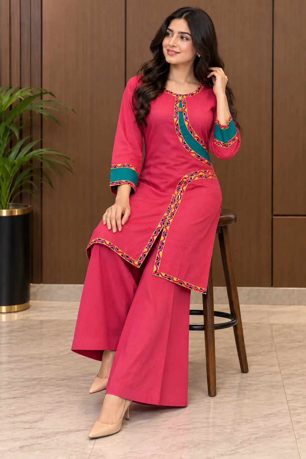 2 Pcs Women's Stitched Linen Plain Shirt And Trouser