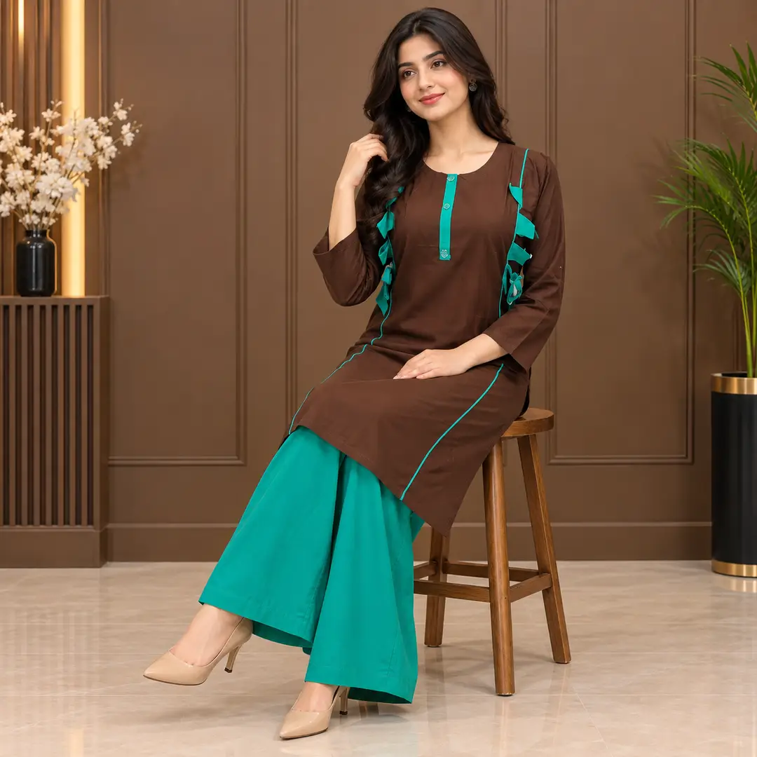 2 Pcs Women's Stitched Linen Plain Shirt And Trouser
