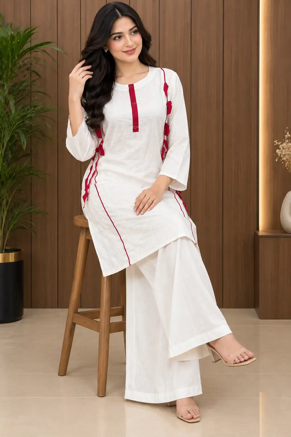 2 Pcs Women's Stitched Linen Plain Shirt And Trouser