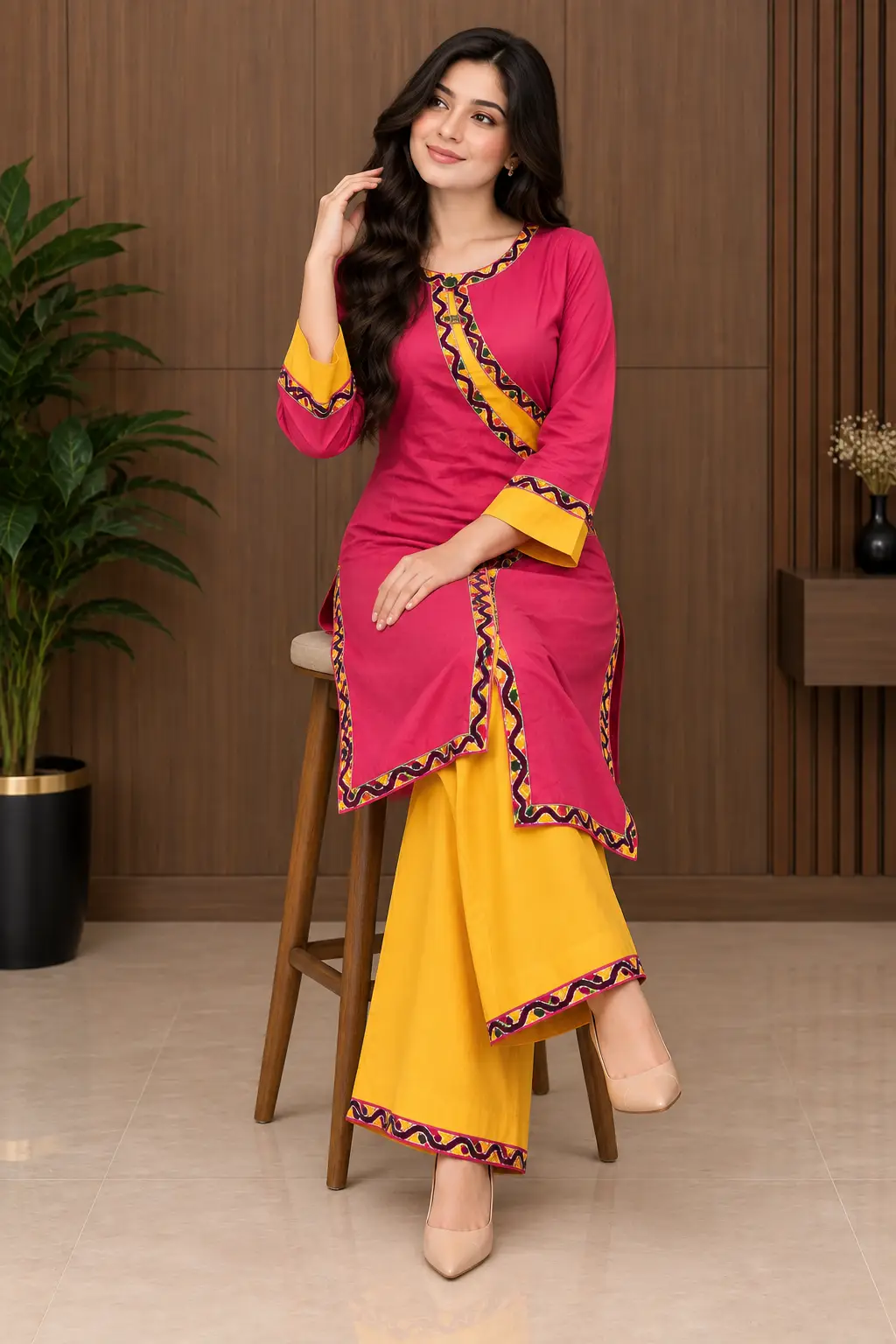 2 Pcs Women's Stitched Linen Plain Shirt And Trouser