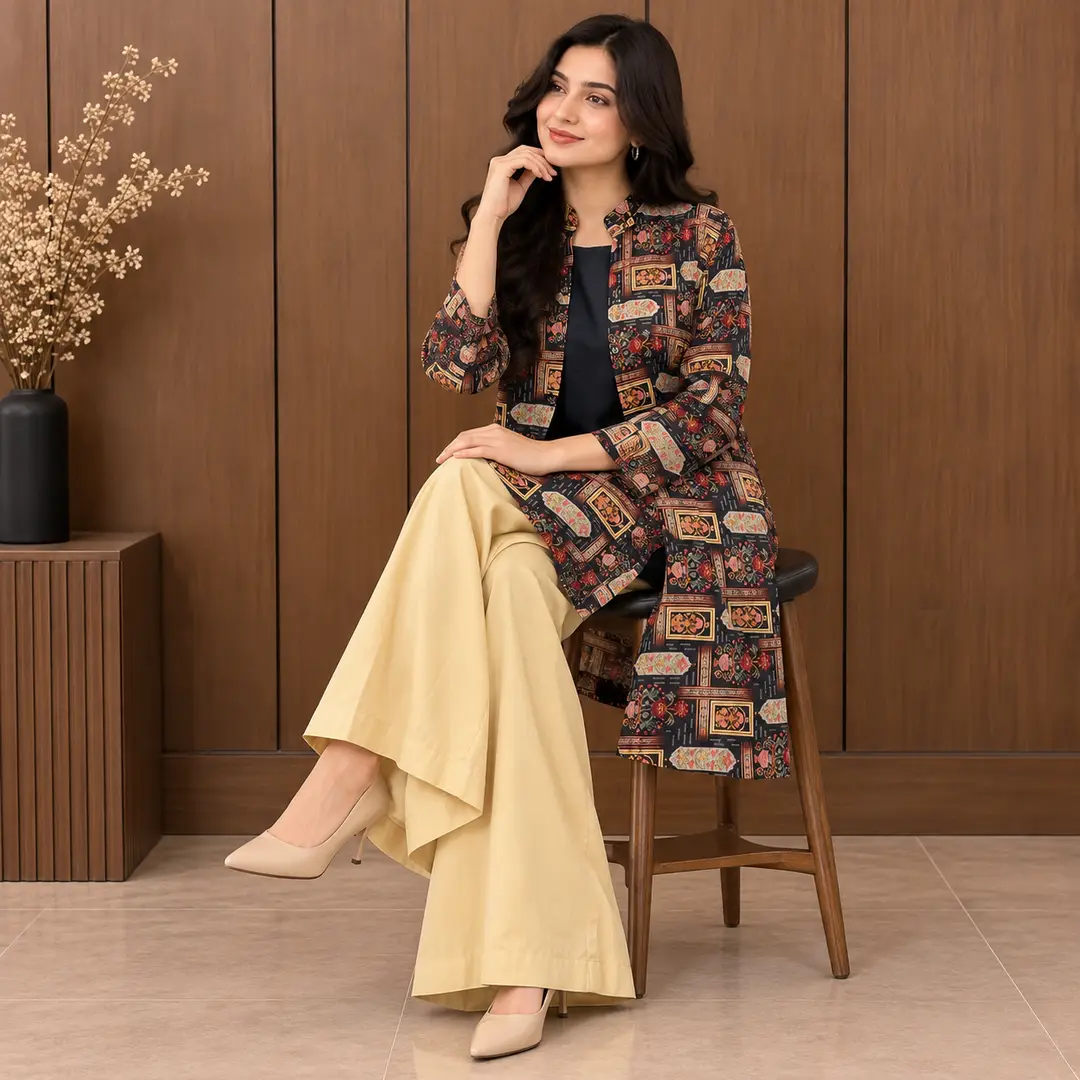 2 Pcs Women's Stitched Linen Printed Frock And Trouser