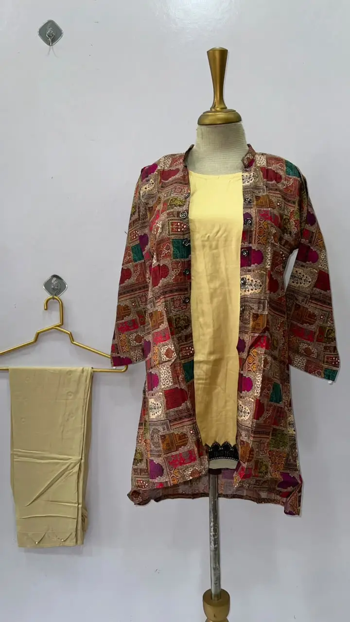 2 Pcs Women's Stitched Linen Printed Frock And Trouser