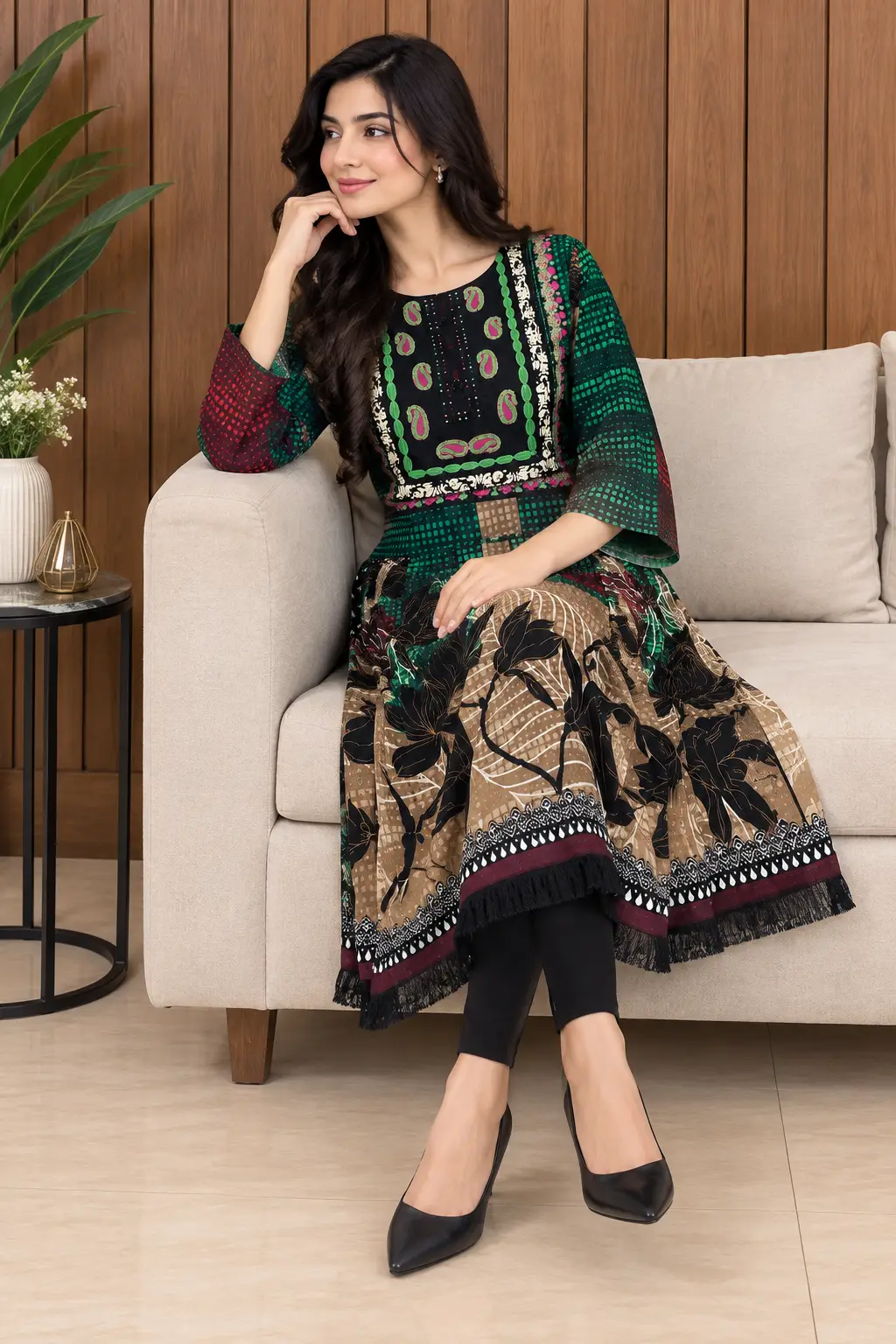 2 Pcs Women's Stitched Linen Printed Frock And Trouser