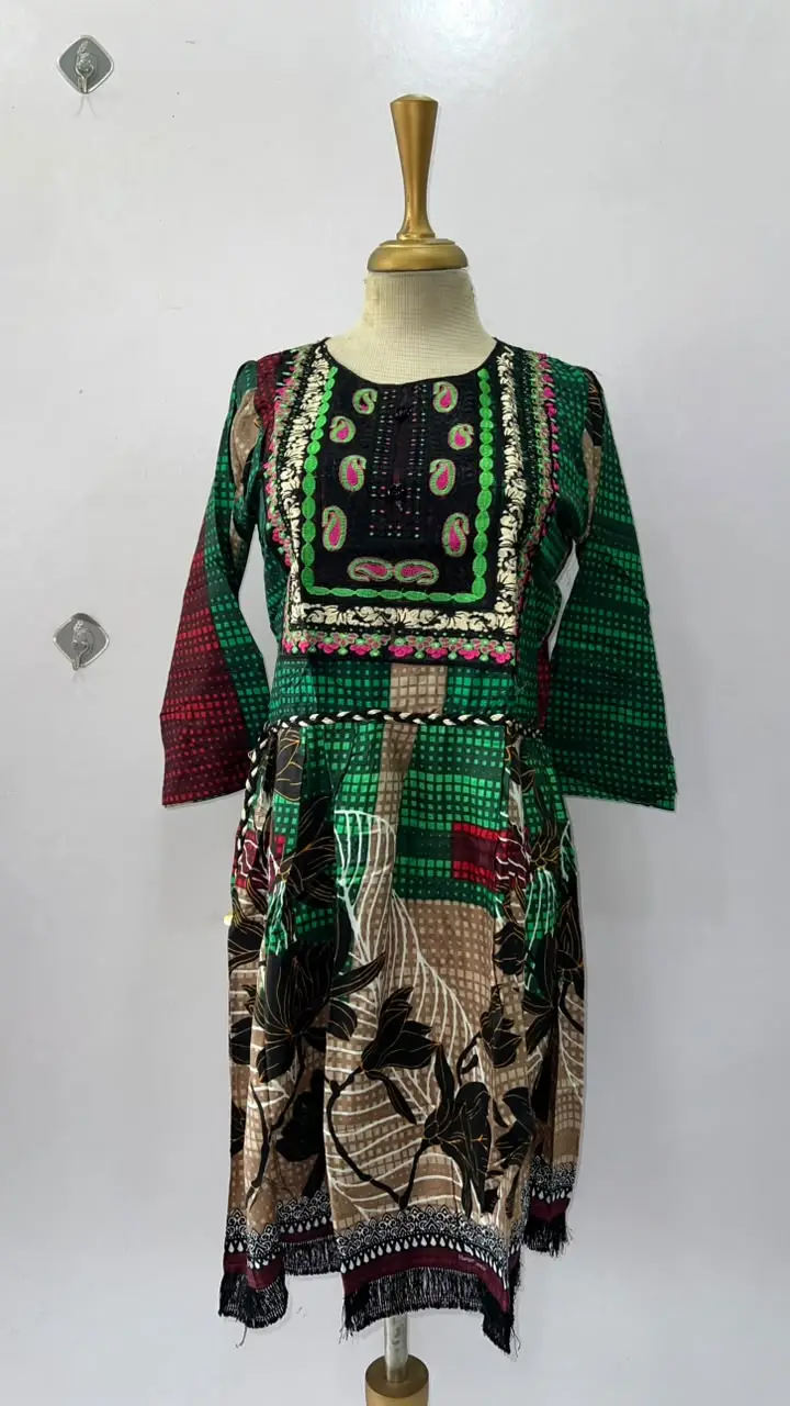 2 Pcs Women's Stitched Linen Printed Frock And Trouser