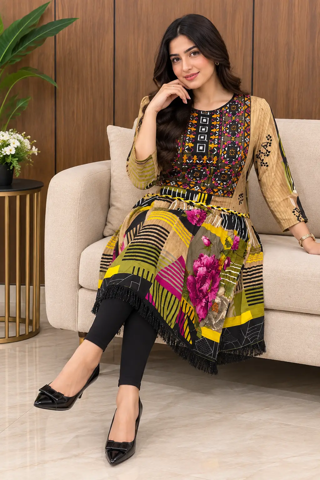 2 Pcs Women's Stitched Linen Printed Frock And Trouser