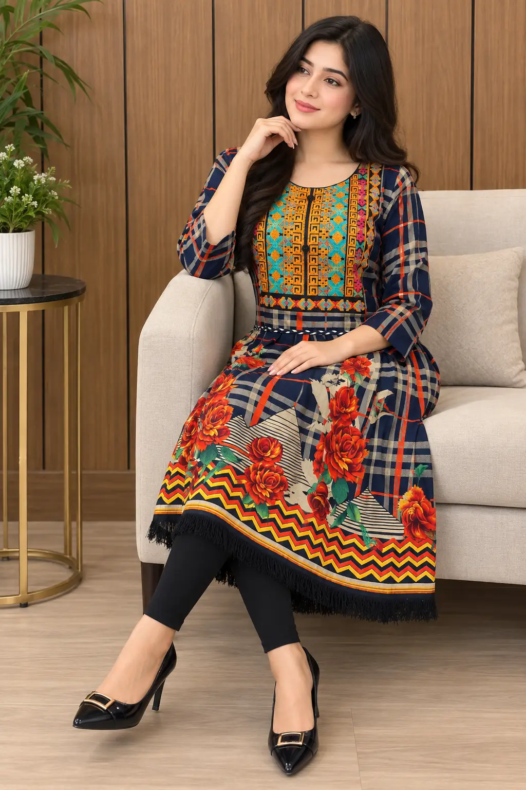 2 Pcs Women's Stitched Linen Printed Frock And Trouser