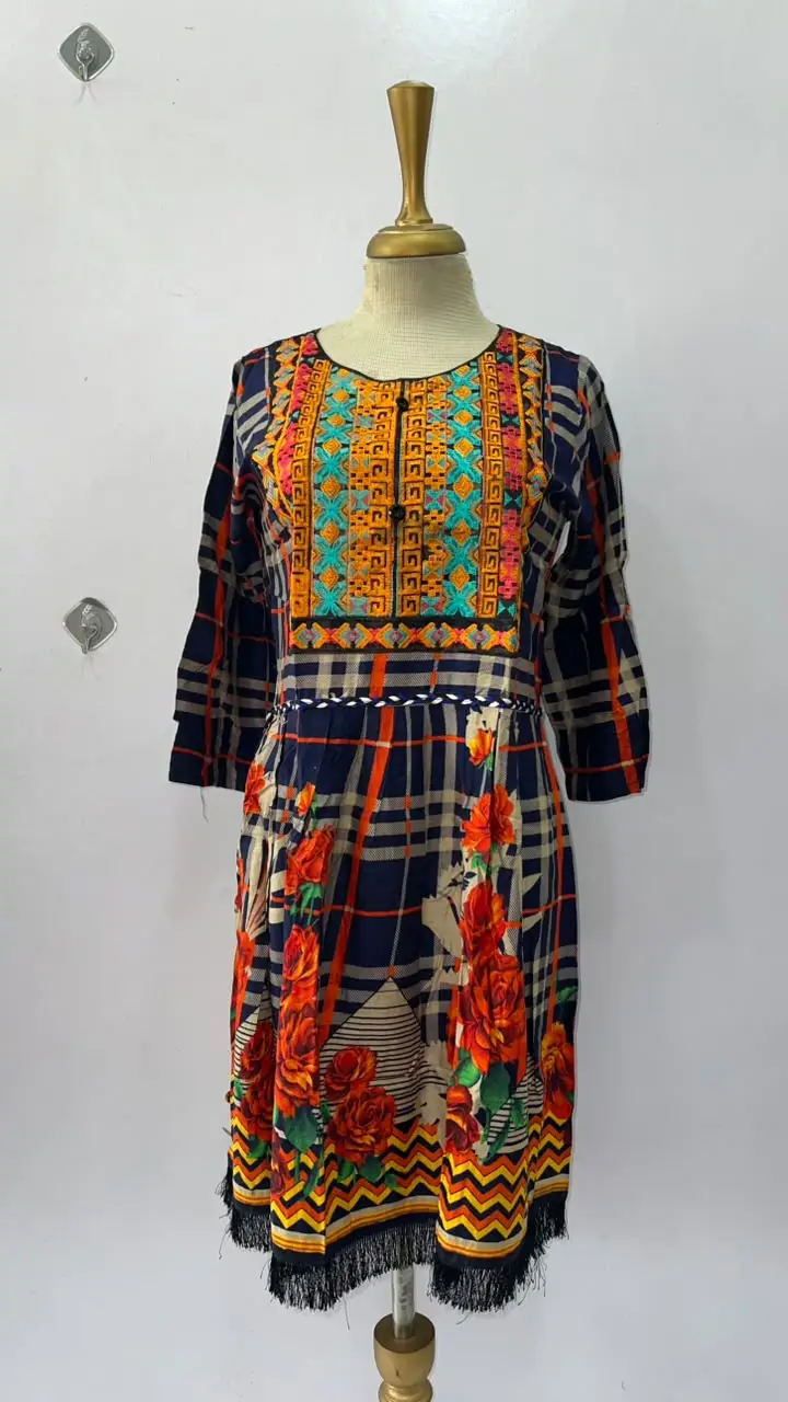 2 Pcs Women's Stitched Linen Printed Frock And Trouser