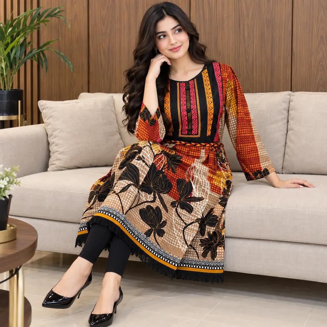 2 Pcs Women's Stitched Linen Printed Frock And Trouser