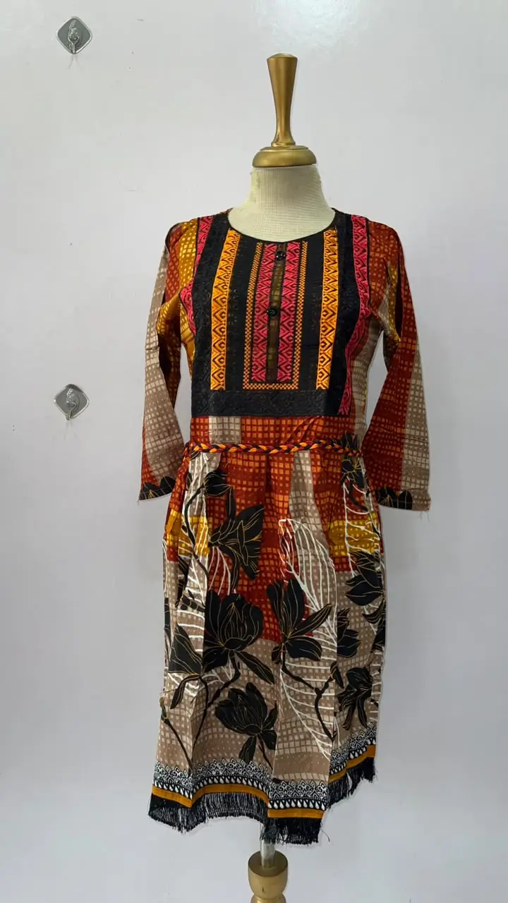 2 Pcs Women's Stitched Linen Printed Frock And Trouser