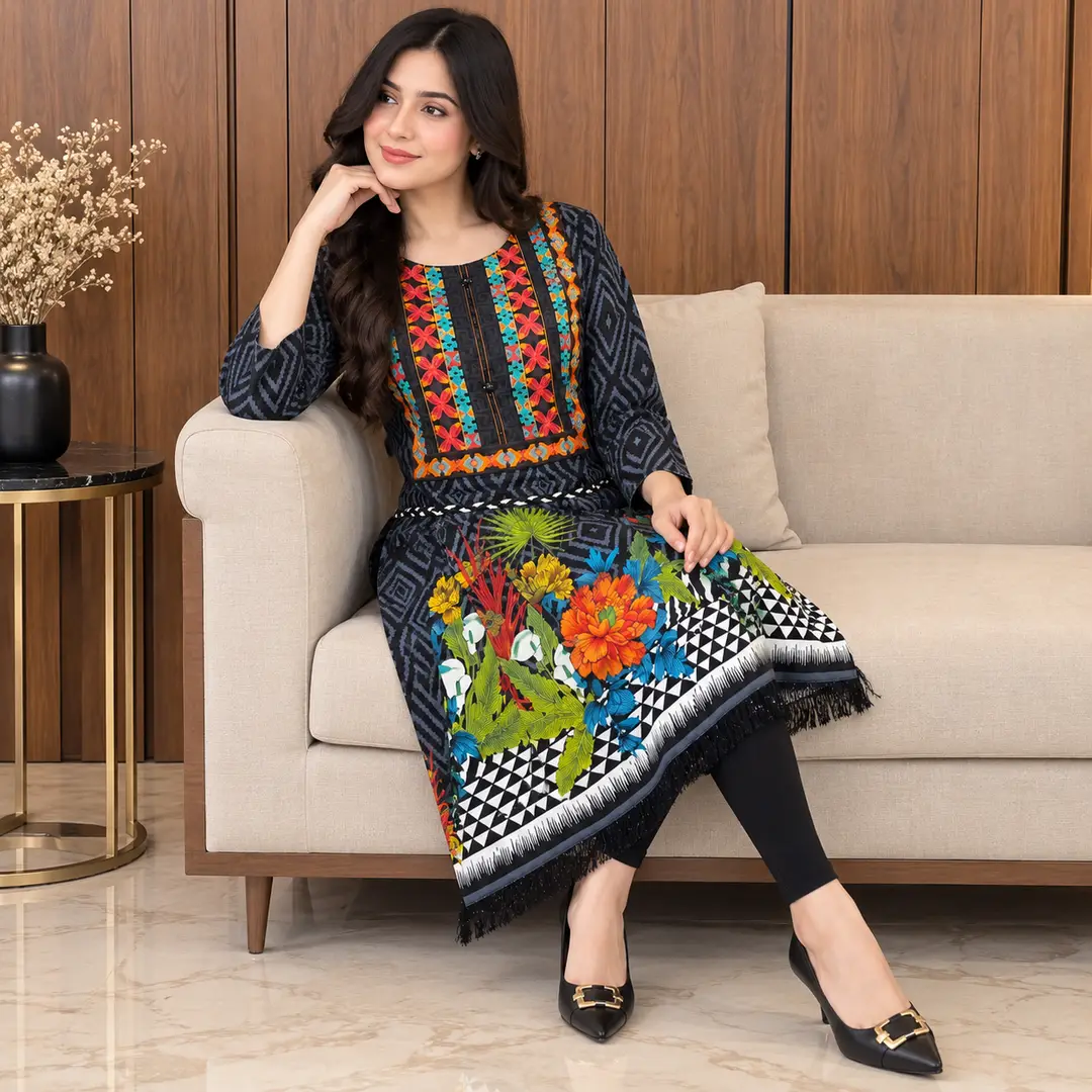 2 Pcs Women's Stitched Linen Printed Frock And Trouser