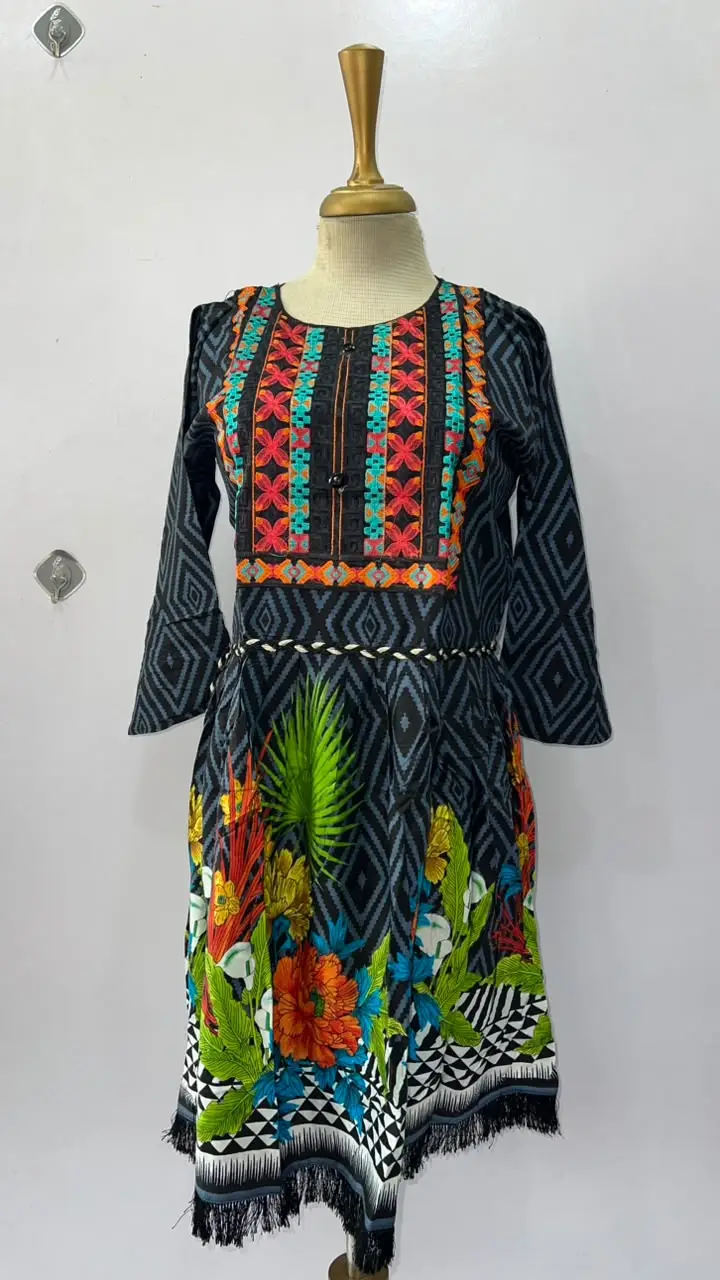 2 Pcs Women's Stitched Linen Printed Frock And Trouser