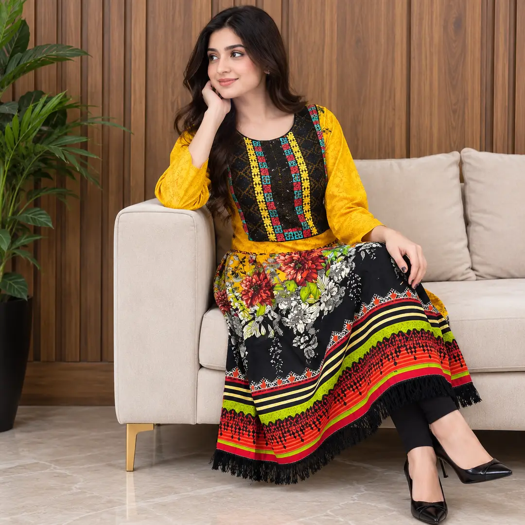 2 Pcs Women's Stitched Linen Printed Frock And Trouser