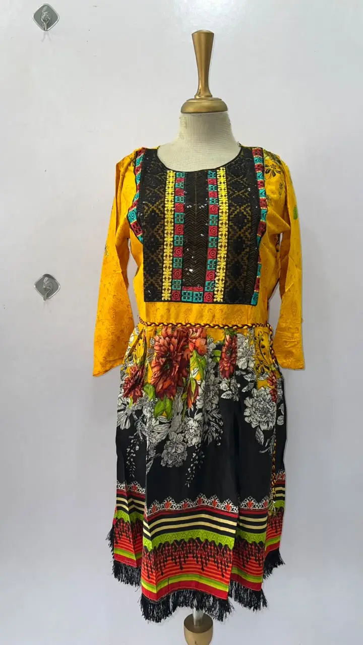 2 Pcs Women's Stitched Linen Printed Frock And Trouser