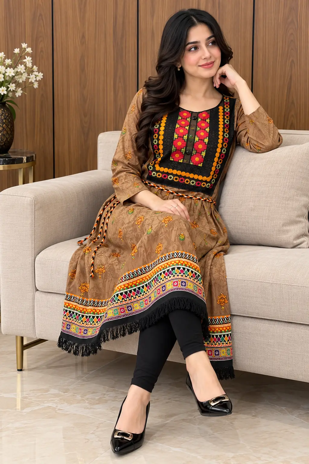 2 Pcs Women's Stitched Linen Printed Frock And Trouser