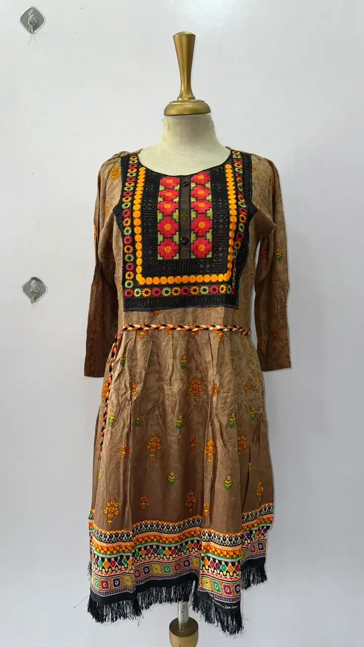 2 Pcs Women's Stitched Linen Printed Frock And Trouser