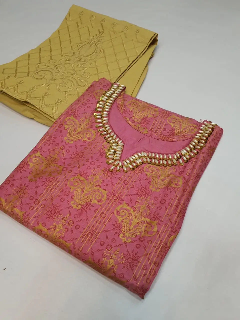 2 Pcs Women's Stitched Cotton Gota Work Frock And Trouser