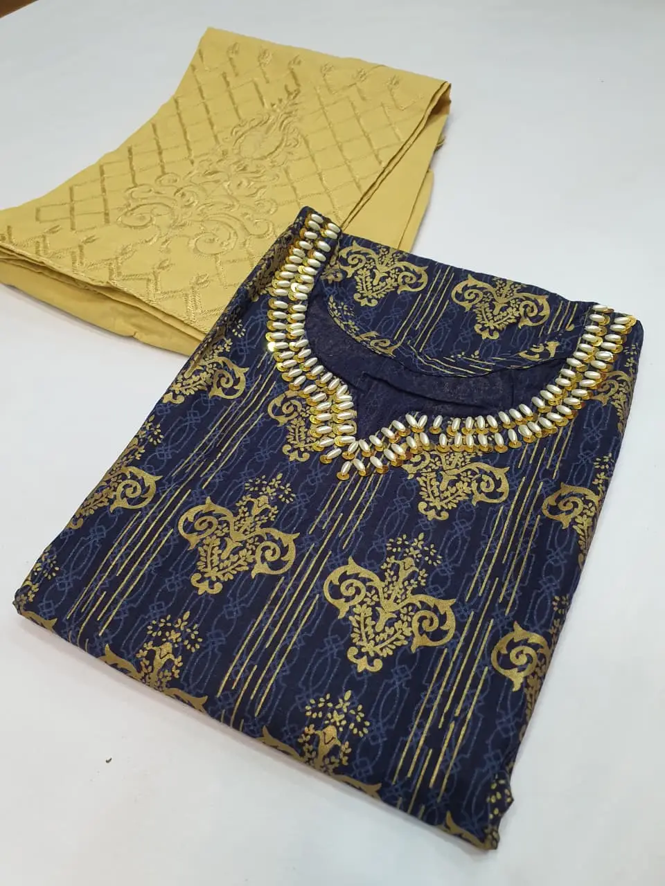 2 Pcs Women's Stitched Cotton Gota Work Frock And Trouser