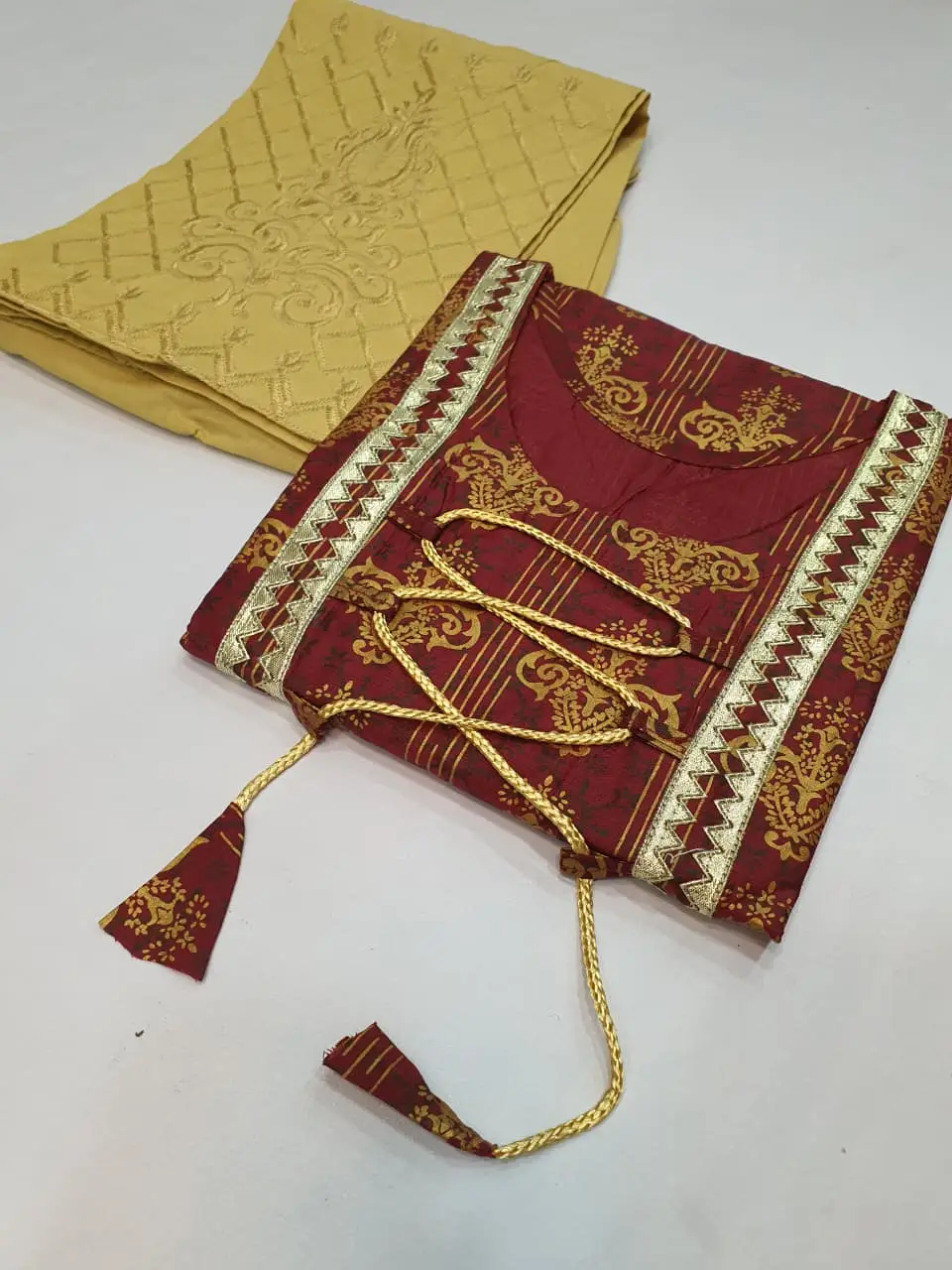 2 Pcs Women's Stitched Cotton Gota Work Frock And Trouser