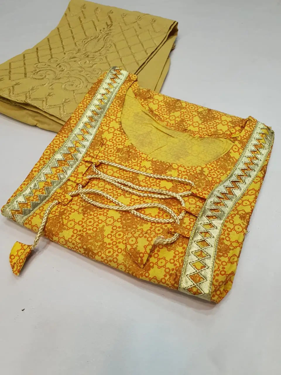 2 Pcs Women's Stitched Cotton Gota Work Frock And Trouser