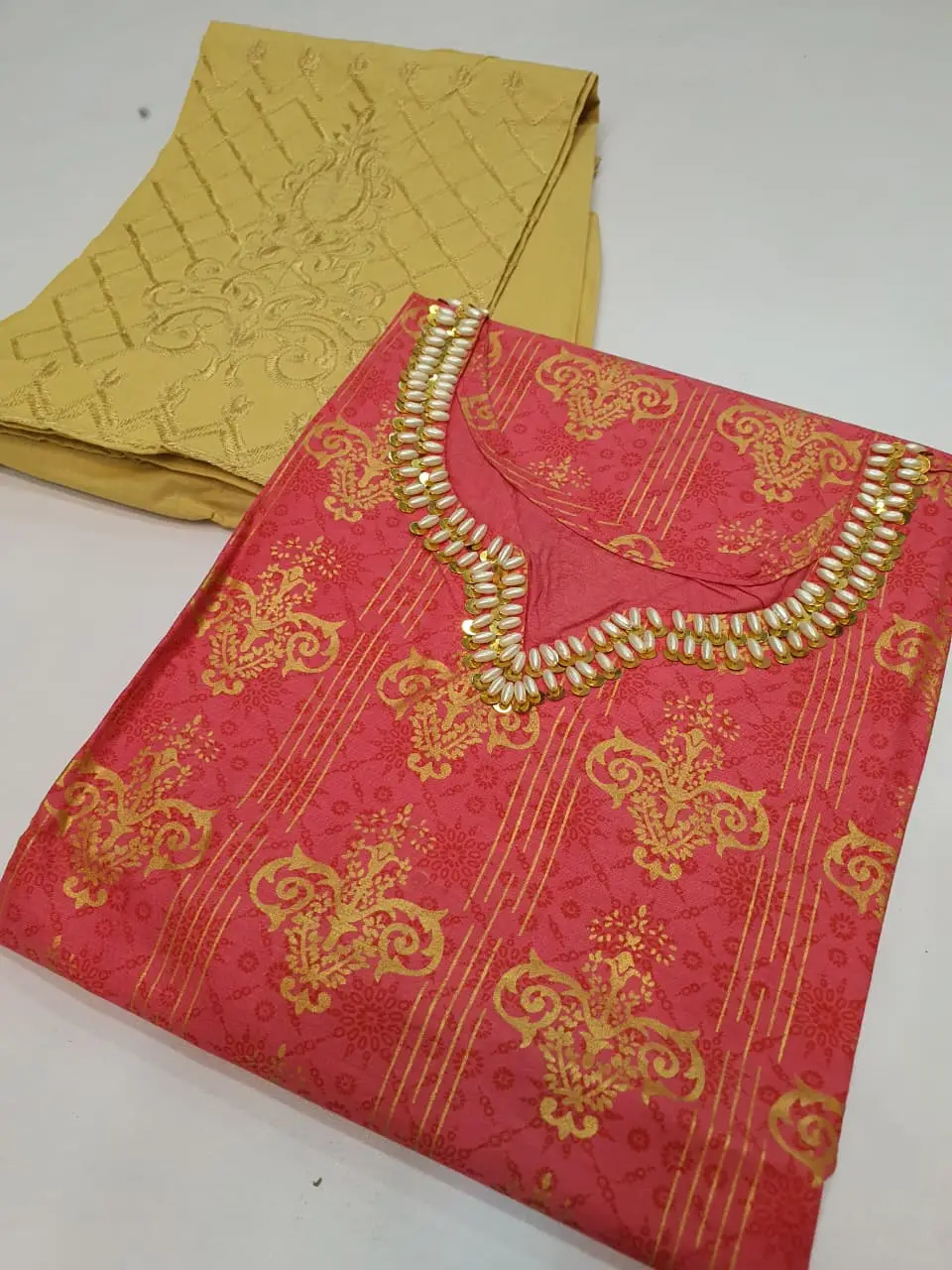 2 Pcs Women's Stitched Cotton Gota Work Frock And Trouser