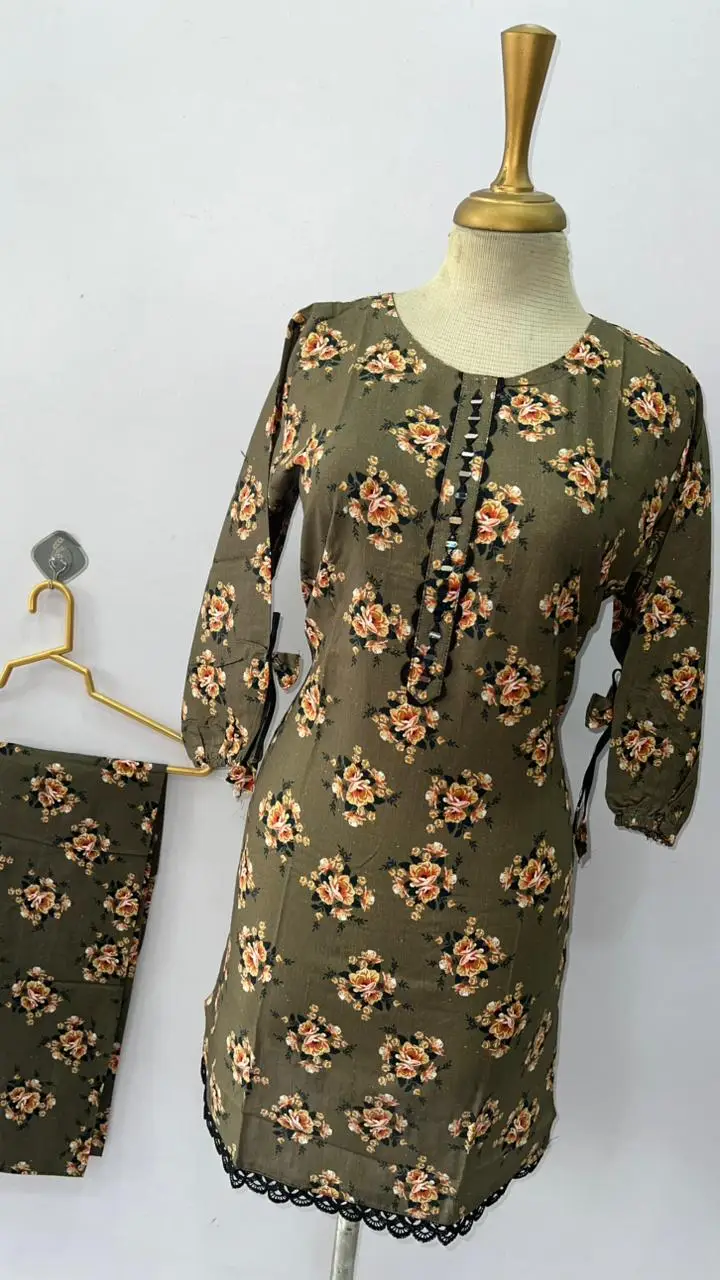 2 Pcs Women's Stitched Khaddar Dress with Mirror Neck