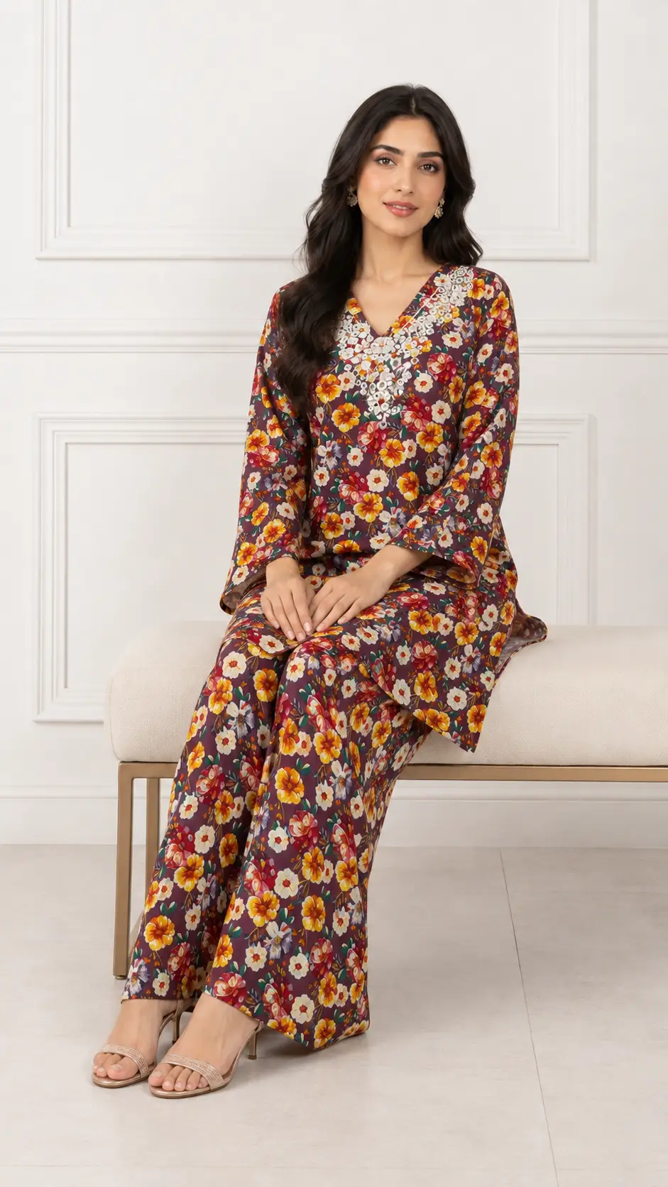 2 Pcs Women's Stitched Khaddar Dress with Heavy Mirror Neck