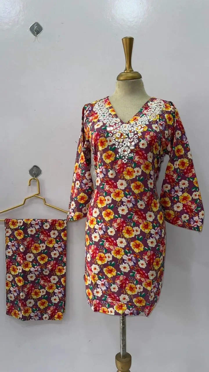 2 Pcs Women's Stitched Khaddar Dress with Heavy Mirror Neck