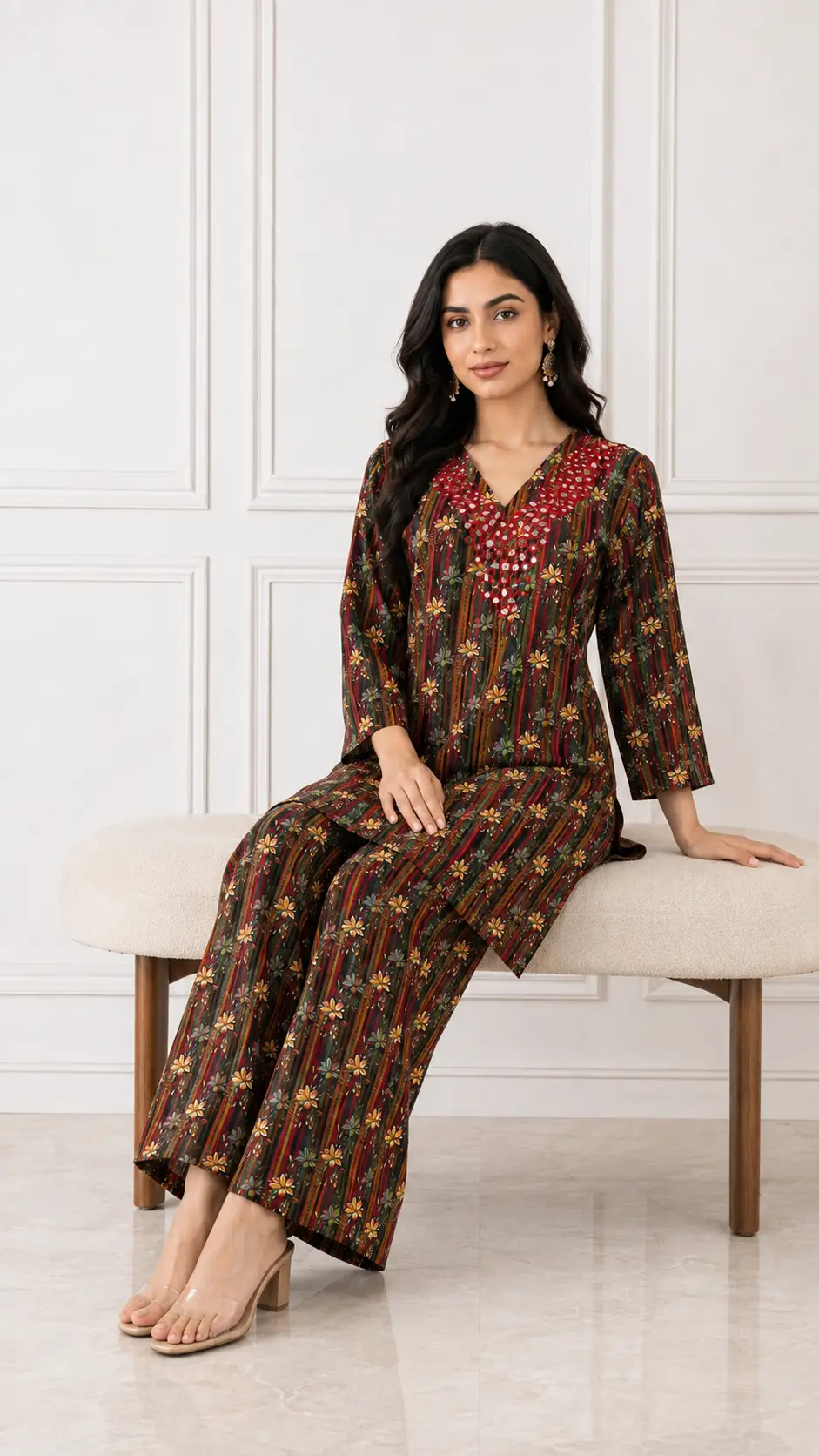 2 Pcs Women's Stitched Khaddar Dress with Heavy Mirror Neck