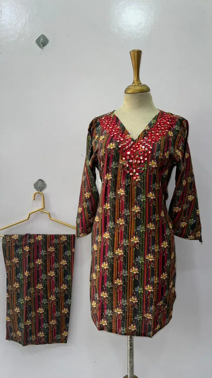 2 Pcs Women's Stitched Khaddar Dress with Heavy Mirror Neck