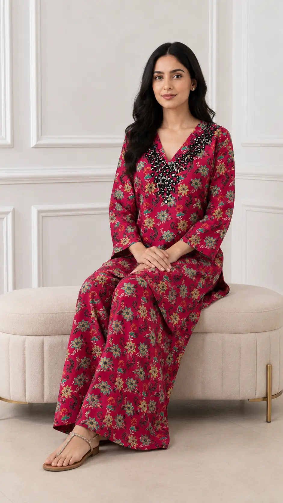 2 Pcs Women's Stitched Khaddar Dress with Heavy Mirror Neck