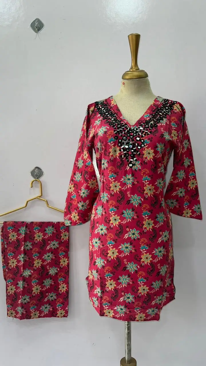 2 Pcs Women's Stitched Khaddar Dress with Heavy Mirror Neck