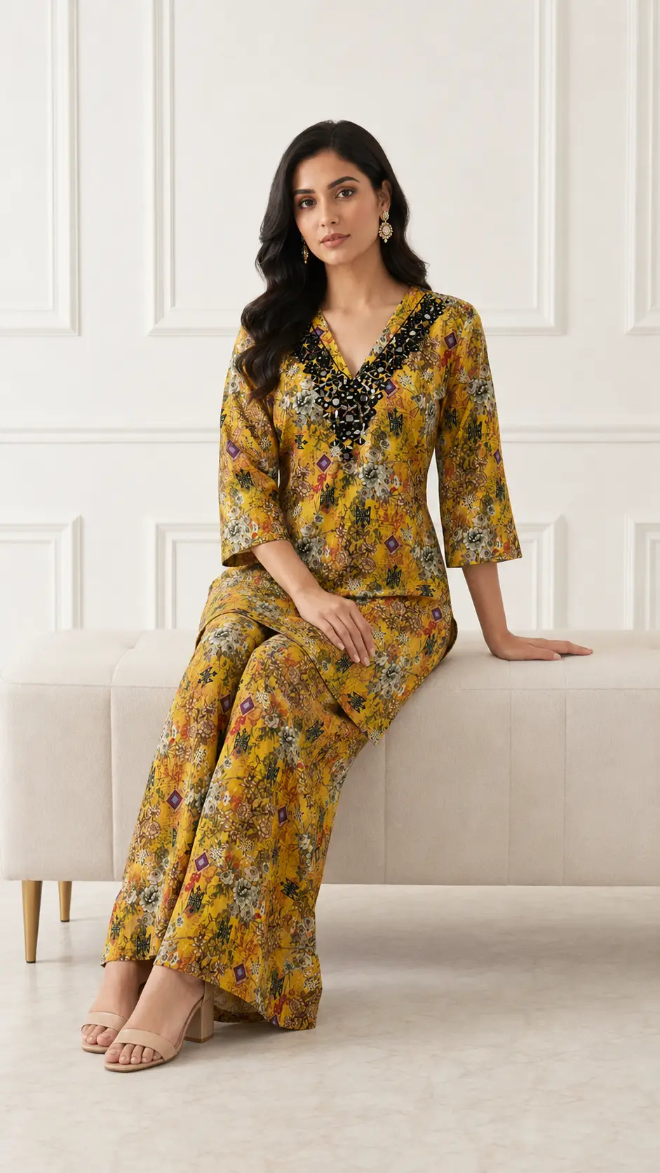 2 Pcs Women's Stitched Khaddar Dress with Heavy Mirror Neck
