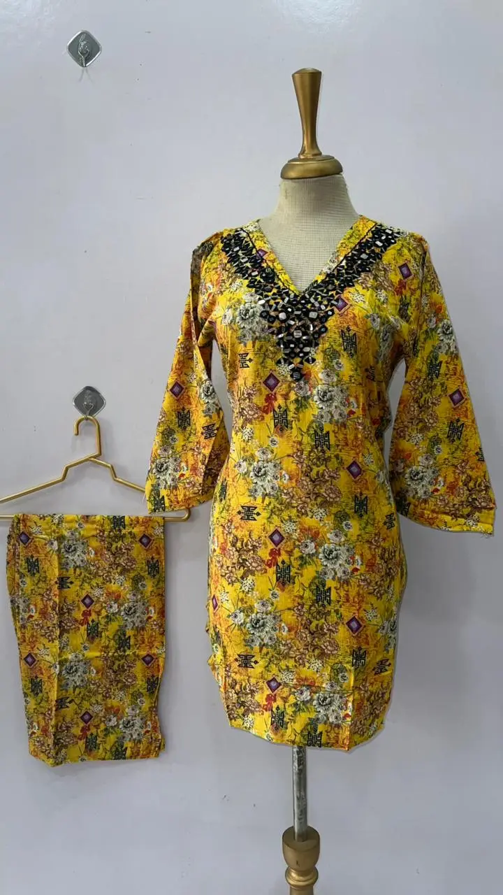 2 Pcs Women's Stitched Khaddar Dress with Heavy Mirror Neck