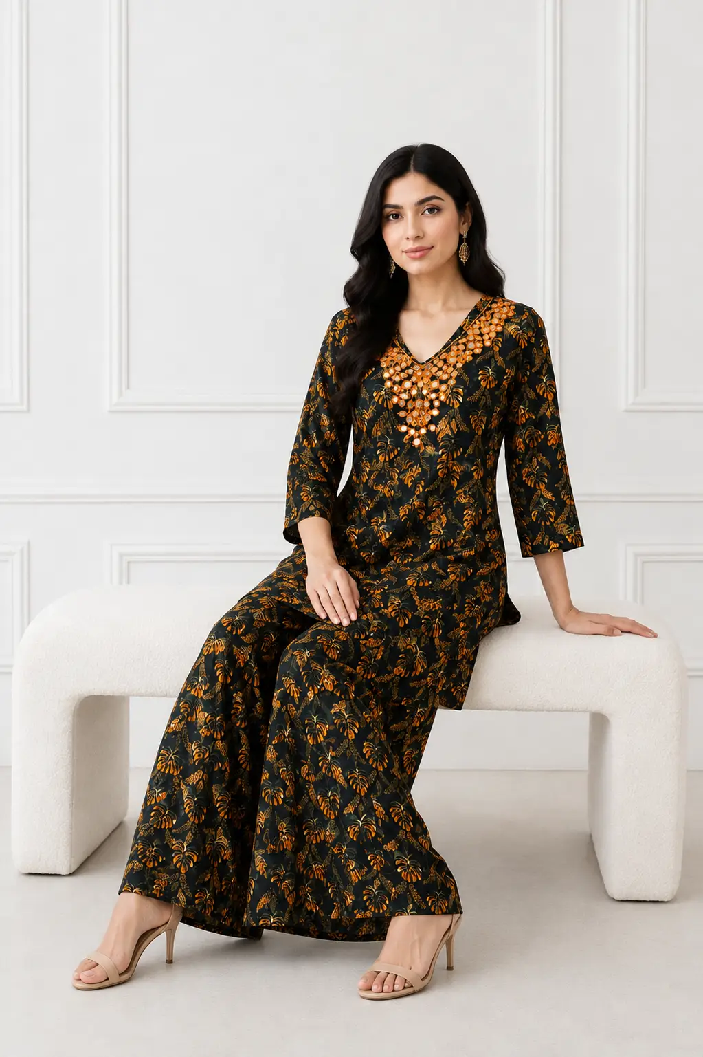2 Pcs Women's Stitched Khaddar Dress with Heavy Mirror Neck