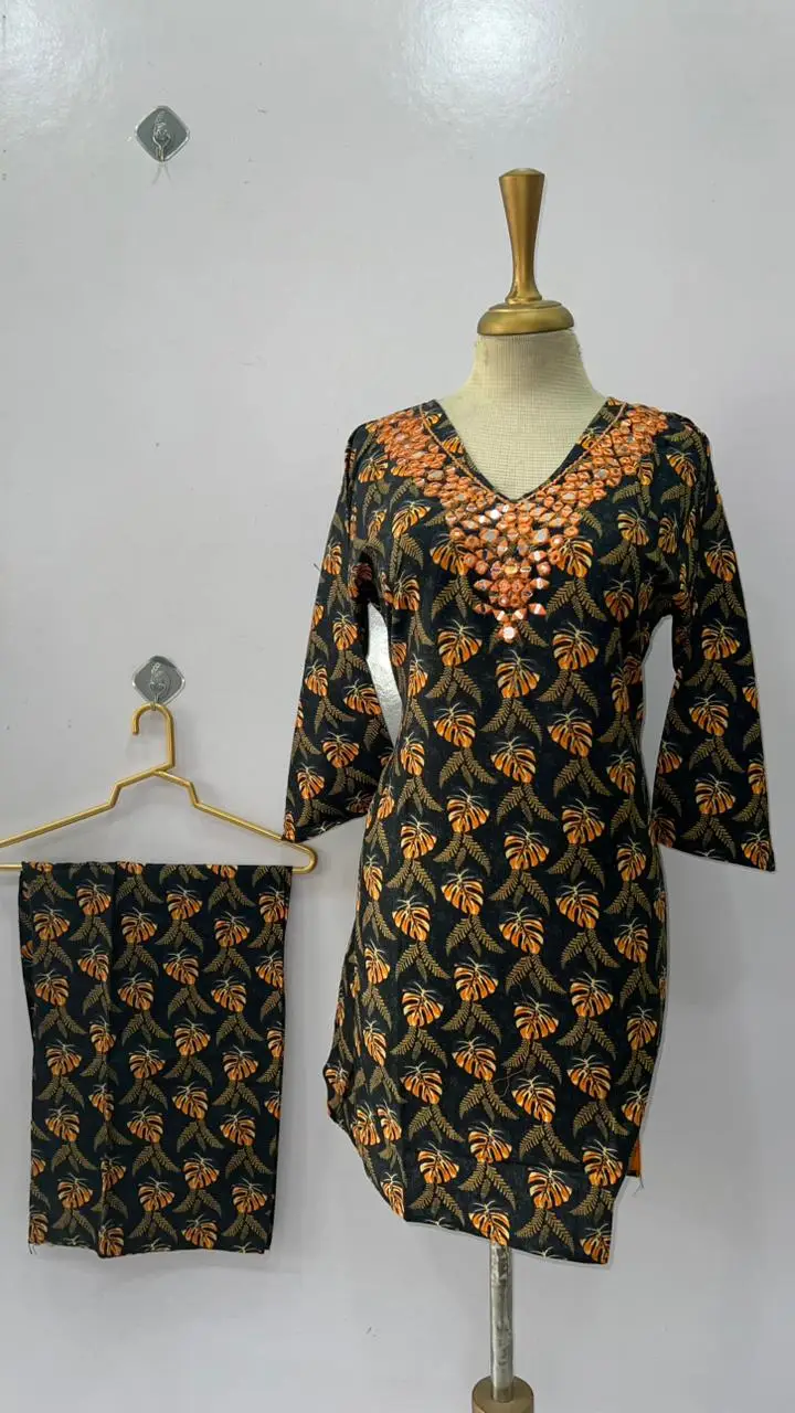 2 Pcs Women's Stitched Khaddar Dress with Heavy Mirror Neck
