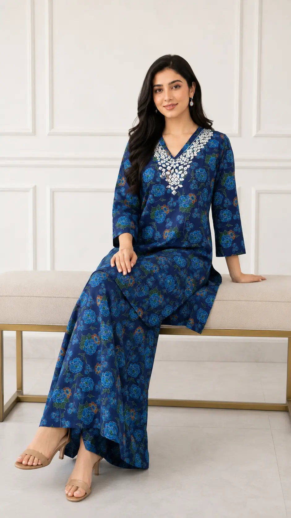 2 Pcs Women's Stitched Khaddar Dress with Heavy Mirror Neck