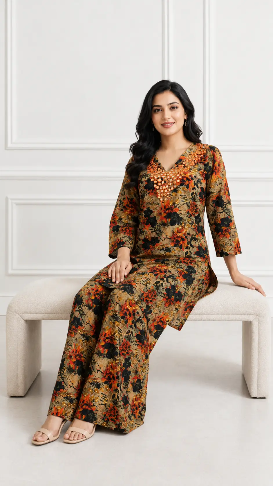2 Pcs Women's Stitched Khaddar Dress with Heavy Mirror Neck