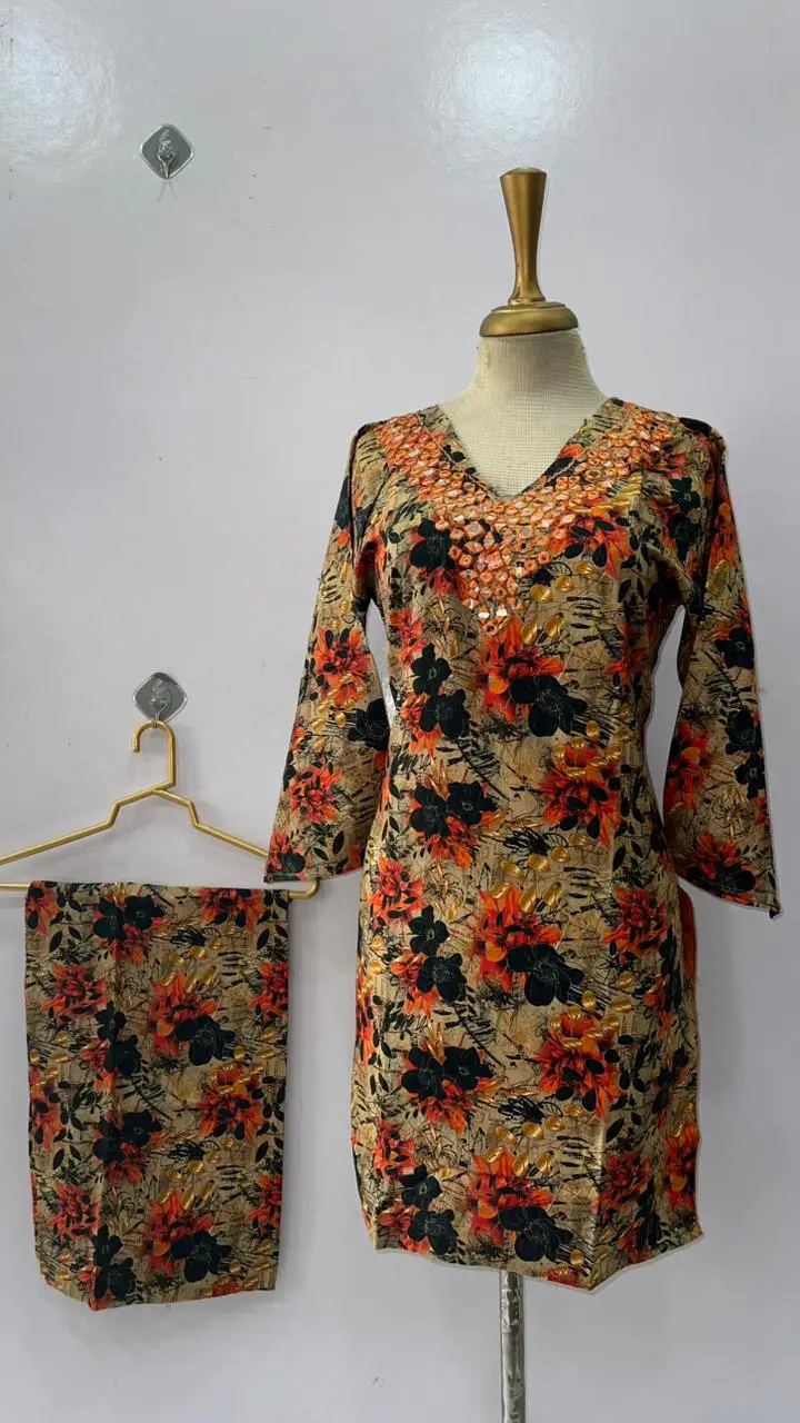2 Pcs Women's Stitched Khaddar Dress with Heavy Mirror Neck