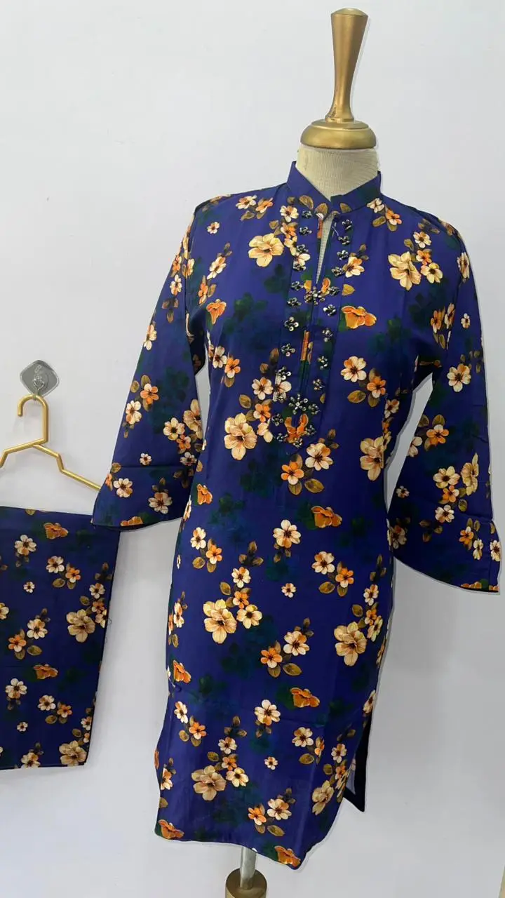 2 Pcs Women's Stitched Khaddar Printed Shirt And Trouser