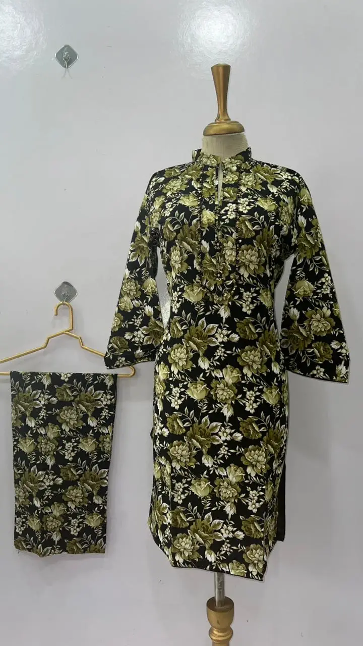 2 Pcs Women's Stitched Khaddar Printed Shirt And Trouser