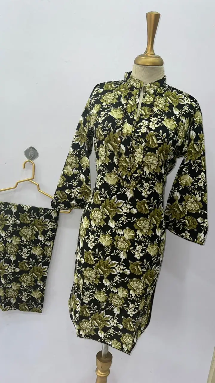 2 Pcs Women's Stitched Khaddar Printed Shirt And Trouser