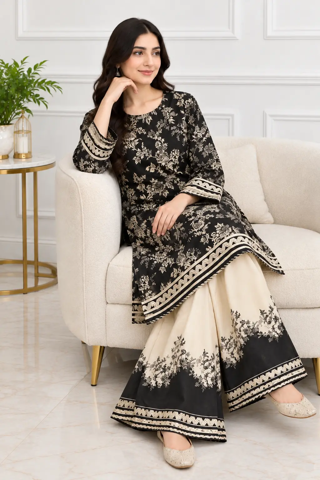 2Pcs Women's Stitched Grip Silk Printed Co Ord Set (Blush)