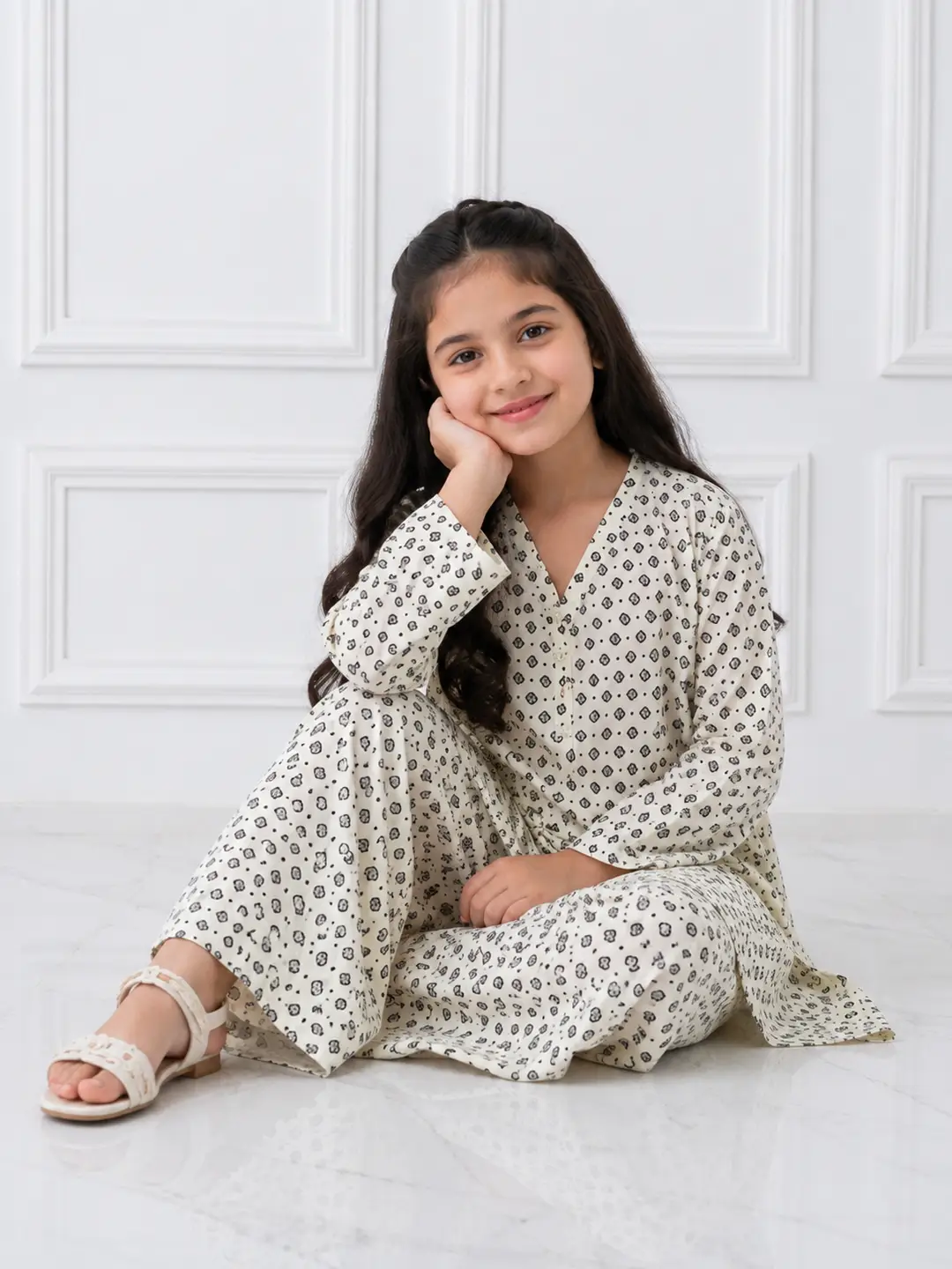 2 Pcs Girl's Stone Linen Printed Frock And Trouser Set
